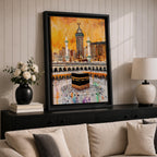 Artwork of the Kaaba in Masjid Al Haram surrounded by thousands of Hajj pilgrims performing tawaf, with tall mosque minarets and the Abraj Al Bait clock tower rising over the Mecca skyline, painted in warm golden tones with expressive modern brush textures capturing the spiritual energy of the sacred pilgrimage.