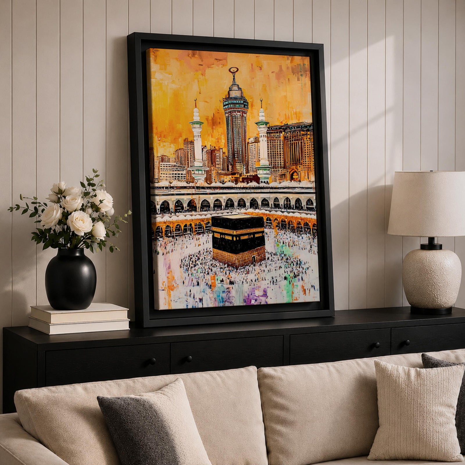 Artwork of the Kaaba in Masjid Al Haram surrounded by thousands of Hajj pilgrims performing tawaf, with tall mosque minarets and the Abraj Al Bait clock tower rising over the Mecca skyline, painted in warm golden tones with expressive modern brush textures capturing the spiritual energy of the sacred pilgrimage.