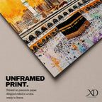 Artwork of the Kaaba in Masjid Al Haram surrounded by thousands of Hajj pilgrims performing tawaf, with tall mosque minarets and the Abraj Al Bait clock tower rising over the Mecca skyline, painted in warm golden tones with expressive modern brush textures capturing the spiritual energy of the sacred pilgrimage.