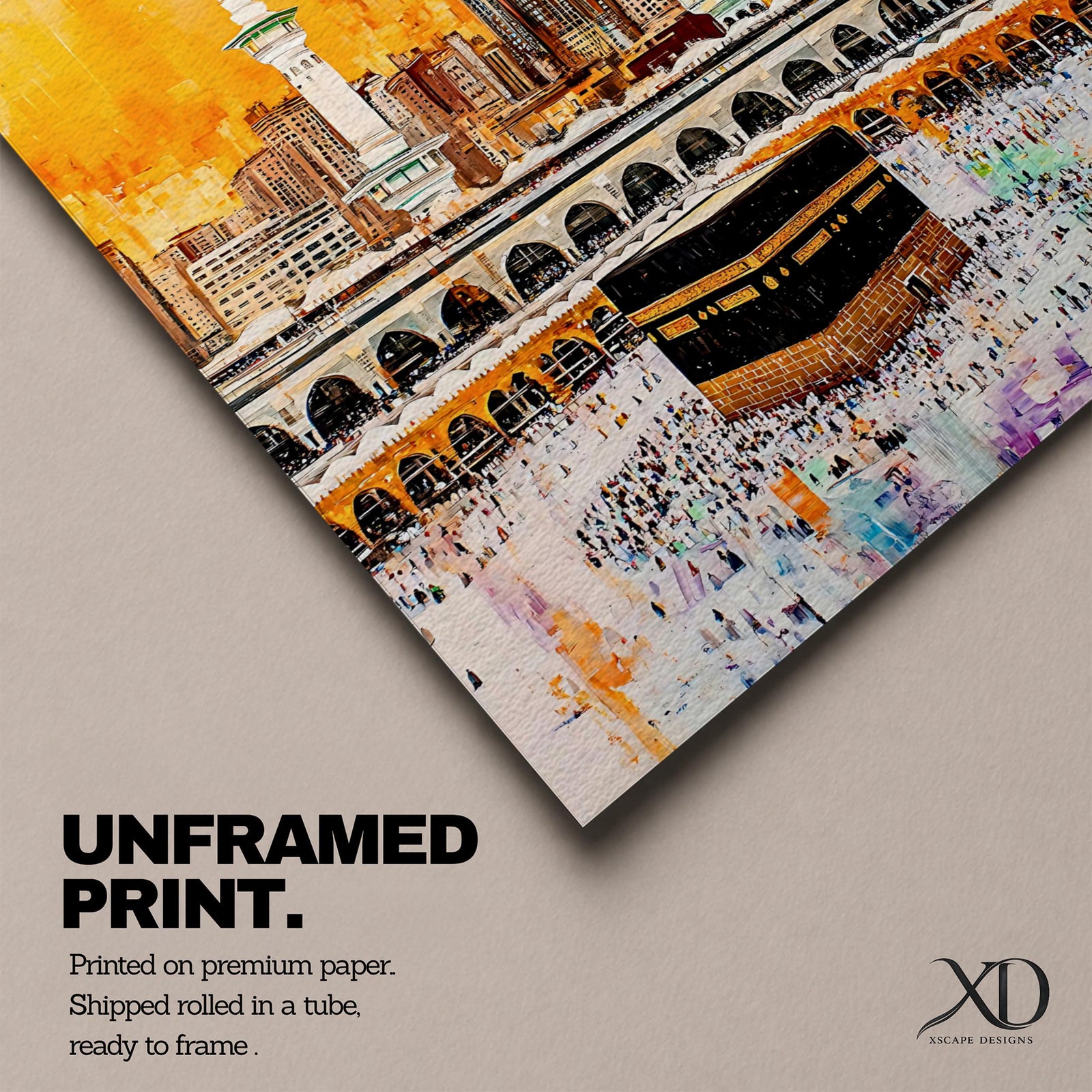 Artwork of the Kaaba in Masjid Al Haram surrounded by thousands of Hajj pilgrims performing tawaf, with tall mosque minarets and the Abraj Al Bait clock tower rising over the Mecca skyline, painted in warm golden tones with expressive modern brush textures capturing the spiritual energy of the sacred pilgrimage.