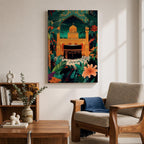 Colorful illustration of the Kaaba at Masjid al-Haram in Mecca framed by a tropical archway with lush palm leaves and flowers under a starry night sky, with pilgrims gathered around the sacred black Kaaba and a golden mosque rising behind it.