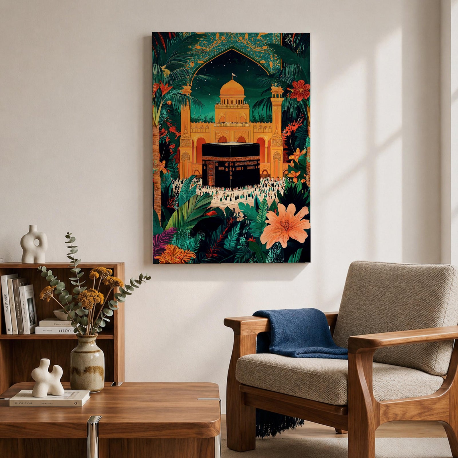 Colorful illustration of the Kaaba at Masjid al-Haram in Mecca framed by a tropical archway with lush palm leaves and flowers under a starry night sky, with pilgrims gathered around the sacred black Kaaba and a golden mosque rising behind it.