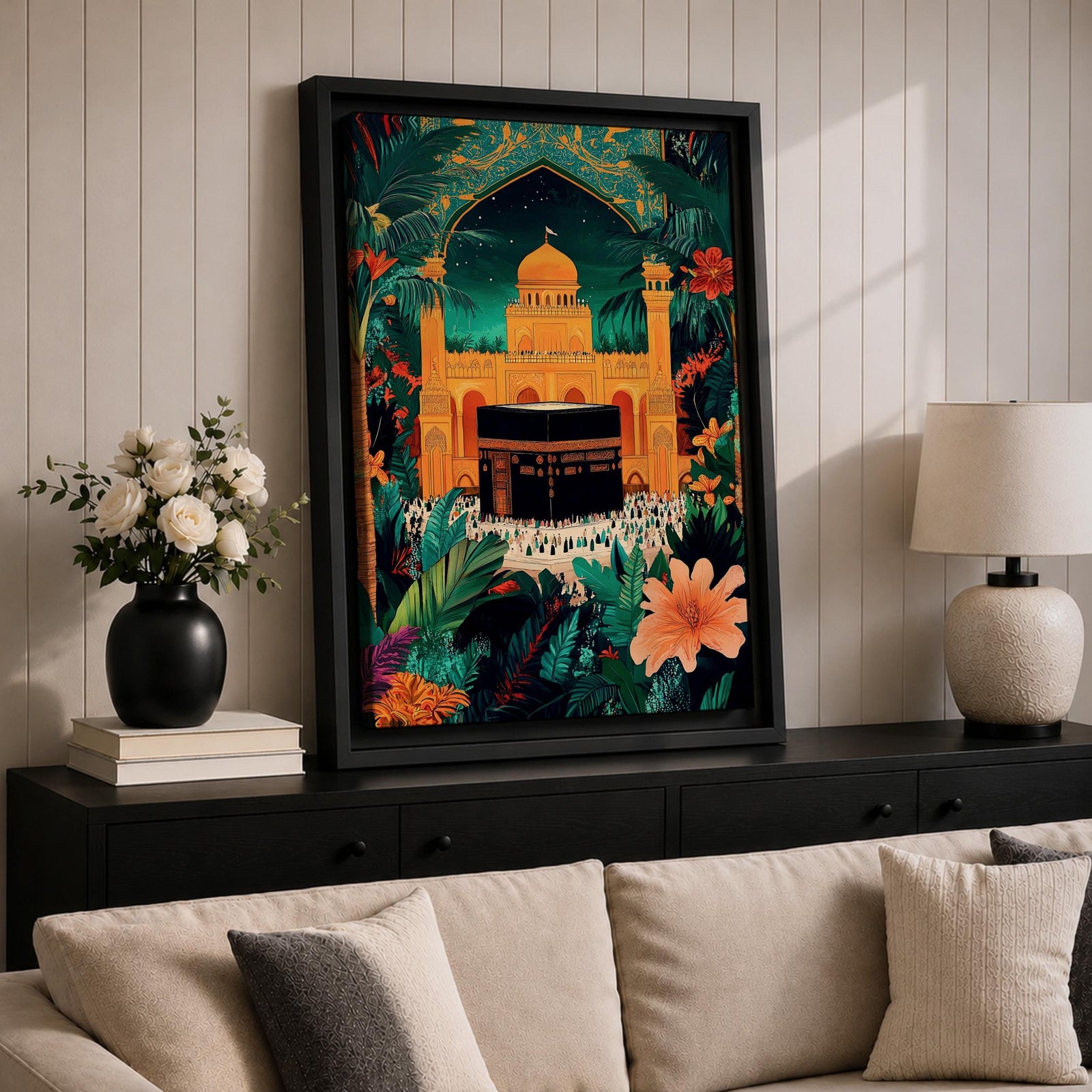 Colorful illustration of the Kaaba at Masjid al-Haram in Mecca framed by a tropical archway with lush palm leaves and flowers under a starry night sky, with pilgrims gathered around the sacred black Kaaba and a golden mosque rising behind it.