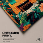 Colorful illustration of the Kaaba at Masjid al-Haram in Mecca framed by a tropical archway with lush palm leaves and flowers under a starry night sky, with pilgrims gathered around the sacred black Kaaba and a golden mosque rising behind it.