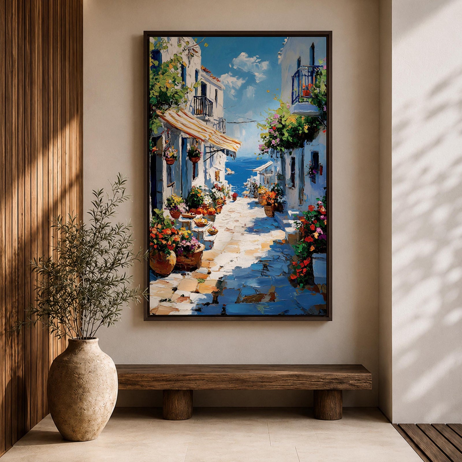 An impasto style painting depicting a charming Greek island village street with whitewashed buildings, colorful flowers in pots, balconies, and a view of the blue sea under a partly cloudy sky. The textured brushstrokes create a vivid Mediterranean coastal atmosphere.