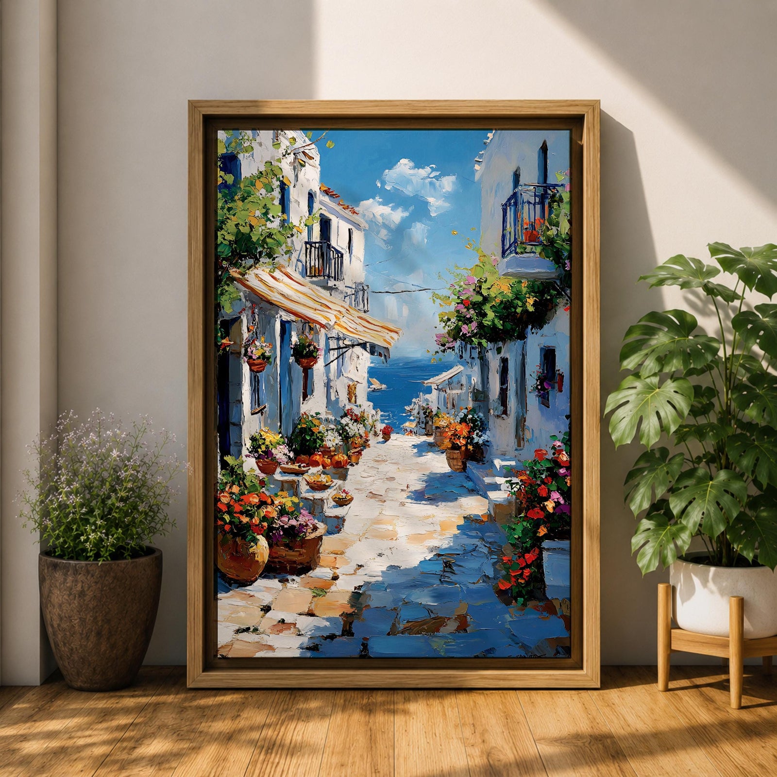 An impasto style painting depicting a charming Greek island village street with whitewashed buildings, colorful flowers in pots, balconies, and a view of the blue sea under a partly cloudy sky. The textured brushstrokes create a vivid Mediterranean coastal atmosphere.