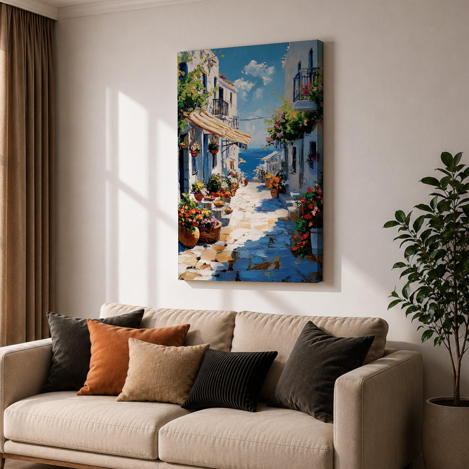 An impasto style painting depicting a charming Greek island village street with whitewashed buildings, colorful flowers in pots, balconies, and a view of the blue sea under a partly cloudy sky. The textured brushstrokes create a vivid Mediterranean coastal atmosphere.