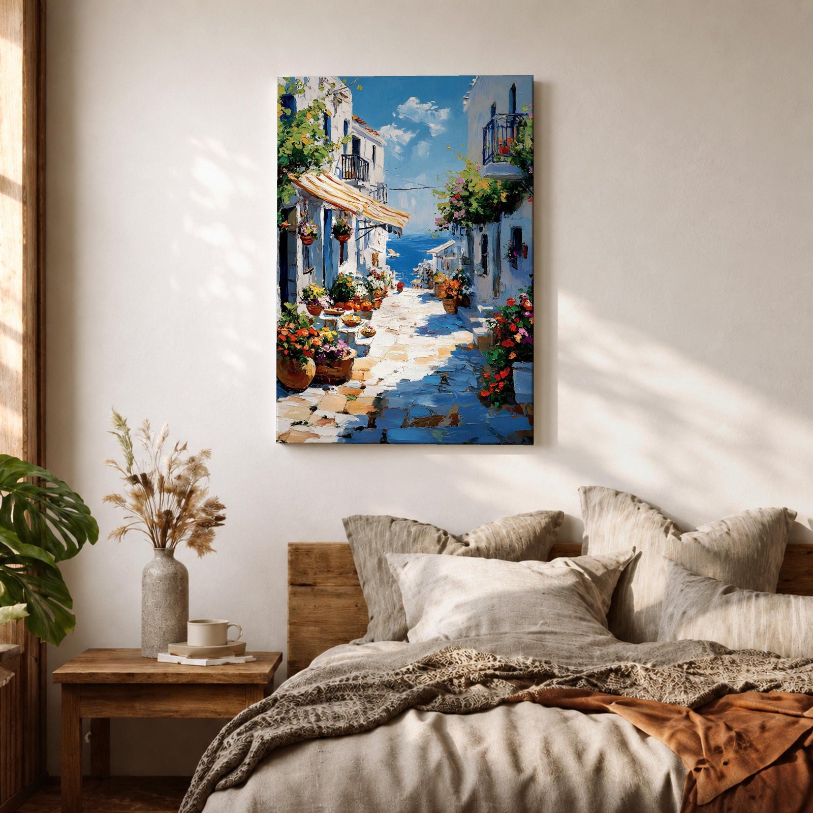 An impasto style painting depicting a charming Greek island village street with whitewashed buildings, colorful flowers in pots, balconies, and a view of the blue sea under a partly cloudy sky. The textured brushstrokes create a vivid Mediterranean coastal atmosphere.