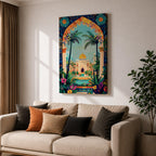 Colorful illustration of Masjid Al-Aqsa with a golden dome framed by a vibrant floral archway and tropical palm trees, surrounded by lush garden plants and decorative patterns leading to the mosque courtyard.