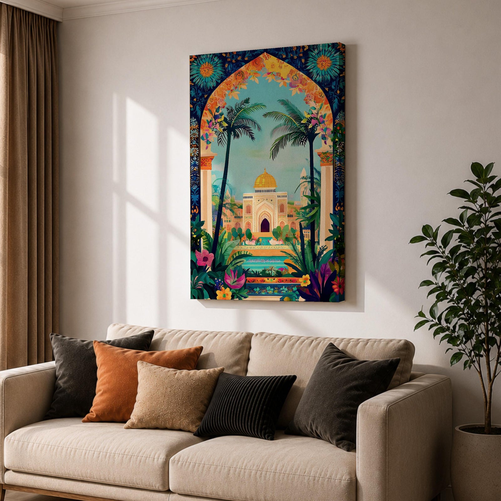 Colorful illustration of Masjid Al-Aqsa with a golden dome framed by a vibrant floral archway and tropical palm trees, surrounded by lush garden plants and decorative patterns leading to the mosque courtyard.