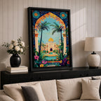 Colorful illustration of Masjid Al-Aqsa with a golden dome framed by a vibrant floral archway and tropical palm trees, surrounded by lush garden plants and decorative patterns leading to the mosque courtyard.