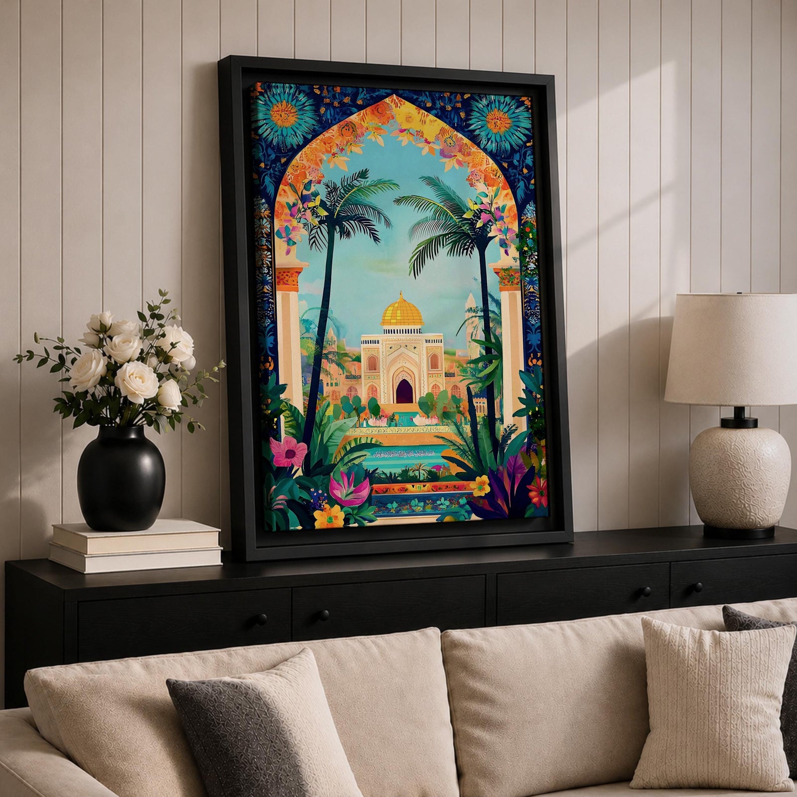 Colorful illustration of Masjid Al-Aqsa with a golden dome framed by a vibrant floral archway and tropical palm trees, surrounded by lush garden plants and decorative patterns leading to the mosque courtyard.