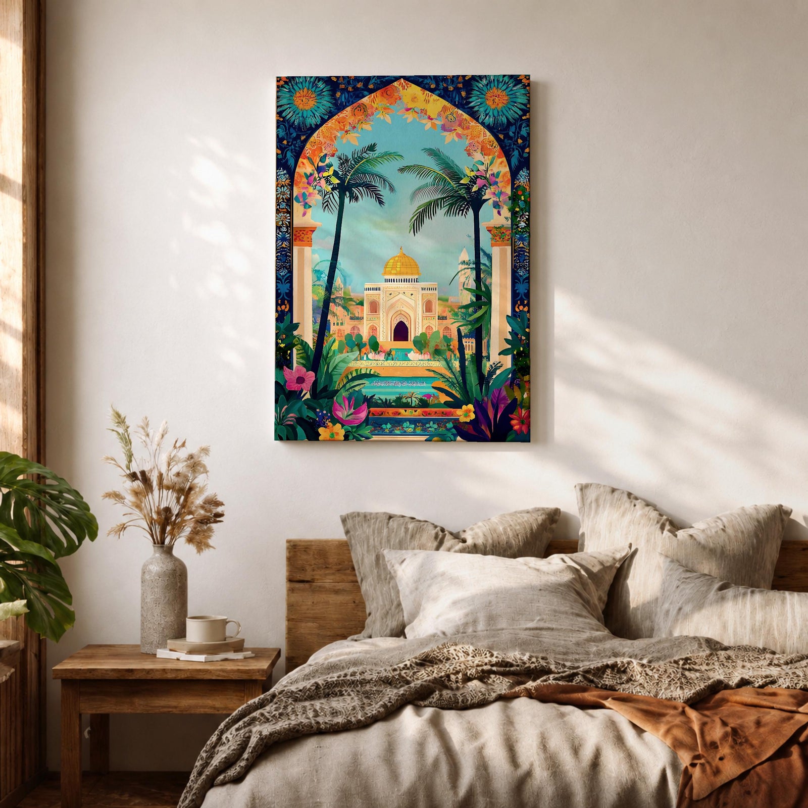 Colorful illustration of Masjid Al-Aqsa with a golden dome framed by a vibrant floral archway and tropical palm trees, surrounded by lush garden plants and decorative patterns leading to the mosque courtyard.