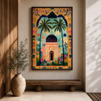 Colorful illustration of an Islamic mosque with a dark blue dome framed by tall palm trees and a decorative archway filled with floral patterns and tropical plants surrounding a peaceful garden courtyard.