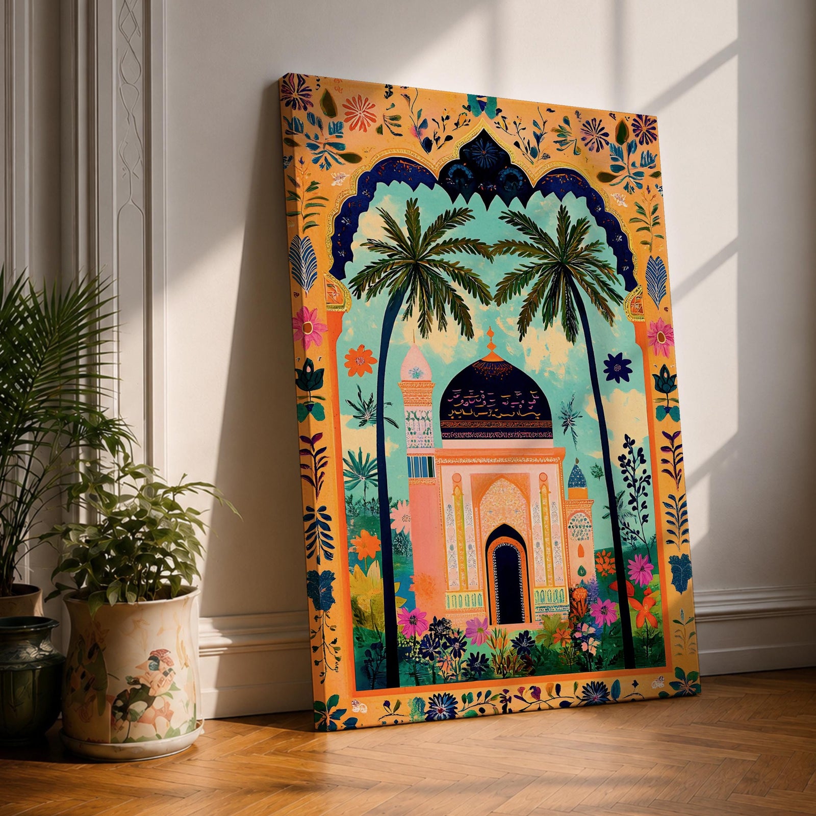 Colorful illustration of an Islamic mosque with a dark blue dome framed by tall palm trees and a decorative archway filled with floral patterns and tropical plants surrounding a peaceful garden courtyard.