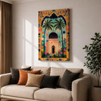 Colorful illustration of an Islamic mosque with a dark blue dome framed by tall palm trees and a decorative archway filled with floral patterns and tropical plants surrounding a peaceful garden courtyard.