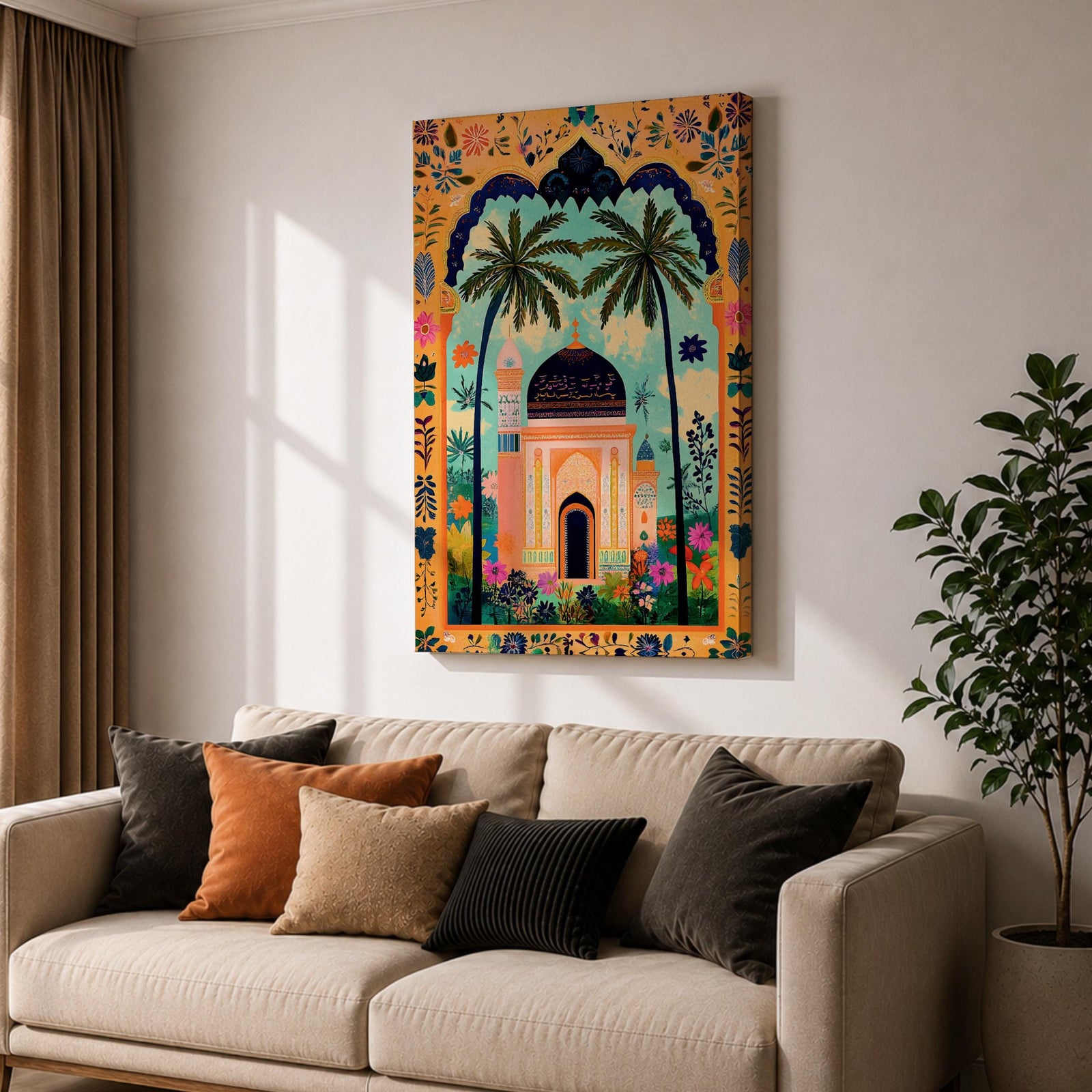 Colorful illustration of an Islamic mosque with a dark blue dome framed by tall palm trees and a decorative archway filled with floral patterns and tropical plants surrounding a peaceful garden courtyard.