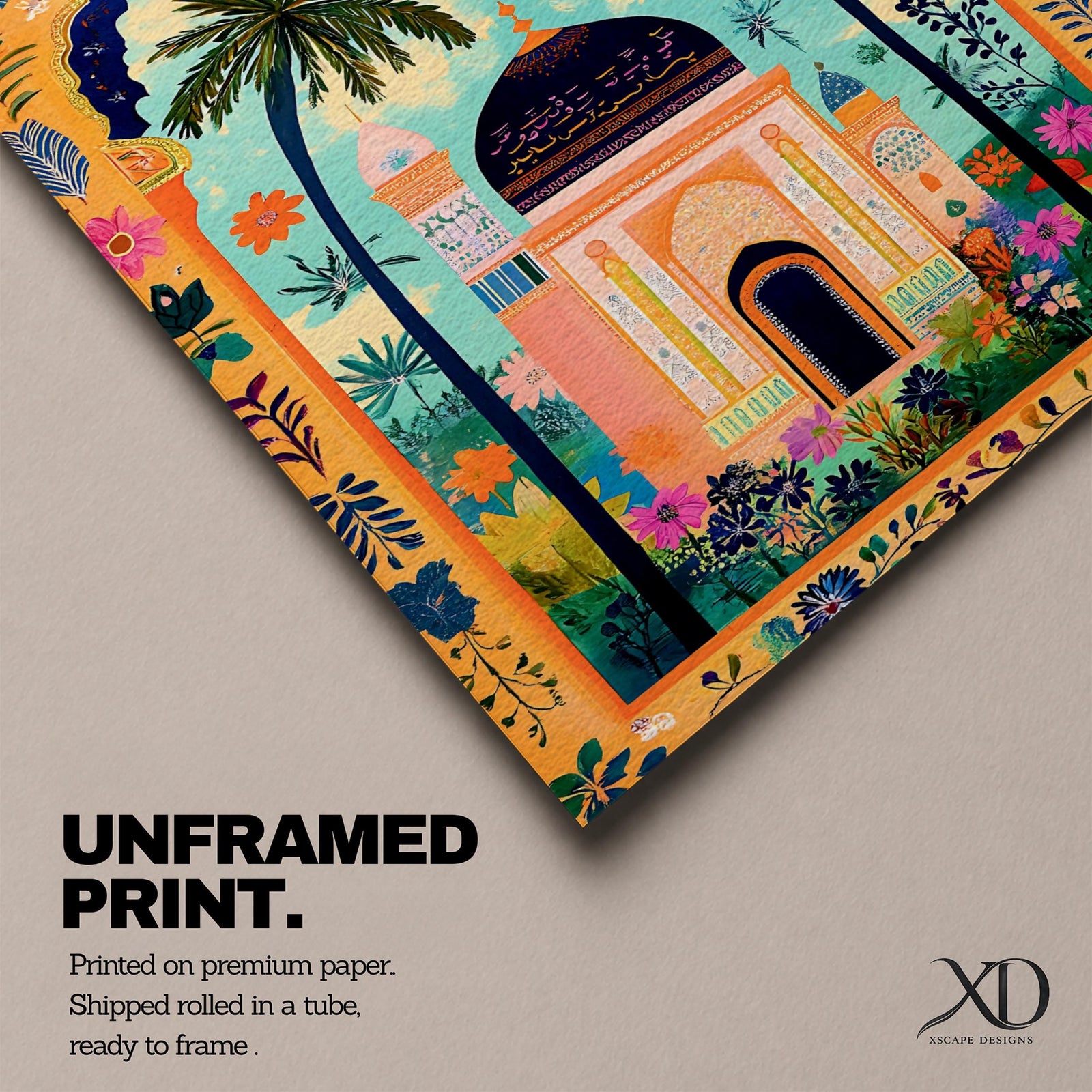 Colorful illustration of an Islamic mosque with a dark blue dome framed by tall palm trees and a decorative archway filled with floral patterns and tropical plants surrounding a peaceful garden courtyard.