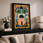 Colorful illustration of an Islamic mosque with a dark blue dome framed by tall palm trees and a decorative archway filled with floral patterns and tropical plants surrounding a peaceful garden courtyard.