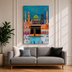Colorful stylized illustration of the Kaaba at Masjid al-Haram in Mecca surrounded by bright mosque architecture, tall minarets, and crowds of pilgrims, with festive stars and decorative elements in a vibrant blue night sky creating a playful Islamic city scene.