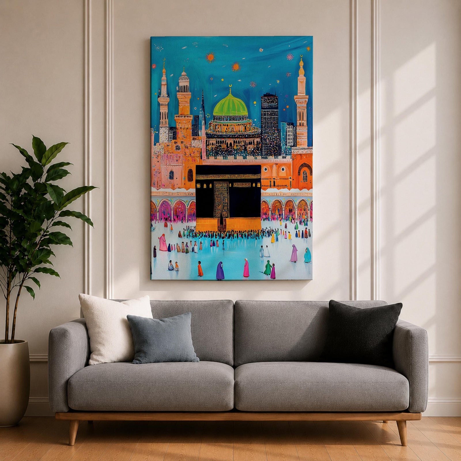 Colorful stylized illustration of the Kaaba at Masjid al-Haram in Mecca surrounded by bright mosque architecture, tall minarets, and crowds of pilgrims, with festive stars and decorative elements in a vibrant blue night sky creating a playful Islamic city scene.