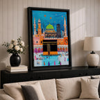 Colorful stylized illustration of the Kaaba at Masjid al-Haram in Mecca surrounded by bright mosque architecture, tall minarets, and crowds of pilgrims, with festive stars and decorative elements in a vibrant blue night sky creating a playful Islamic city scene.