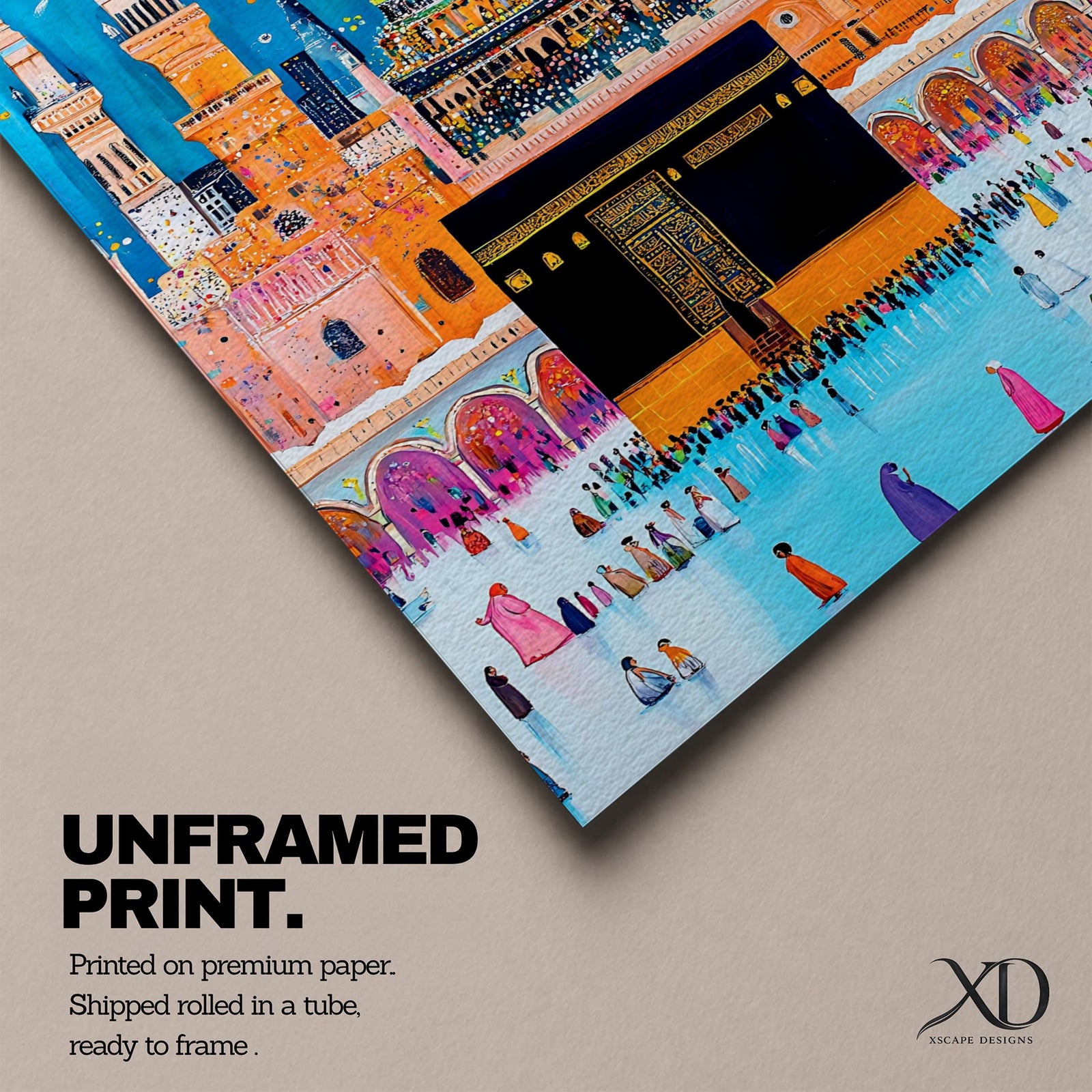 Colorful stylized illustration of the Kaaba at Masjid al-Haram in Mecca surrounded by bright mosque architecture, tall minarets, and crowds of pilgrims, with festive stars and decorative elements in a vibrant blue night sky creating a playful Islamic city scene.