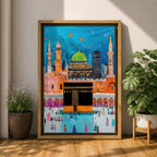 Colorful stylized illustration of the Kaaba at Masjid al-Haram in Mecca surrounded by bright mosque architecture, tall minarets, and crowds of pilgrims, with festive stars and decorative elements in a vibrant blue night sky creating a playful Islamic city scene.