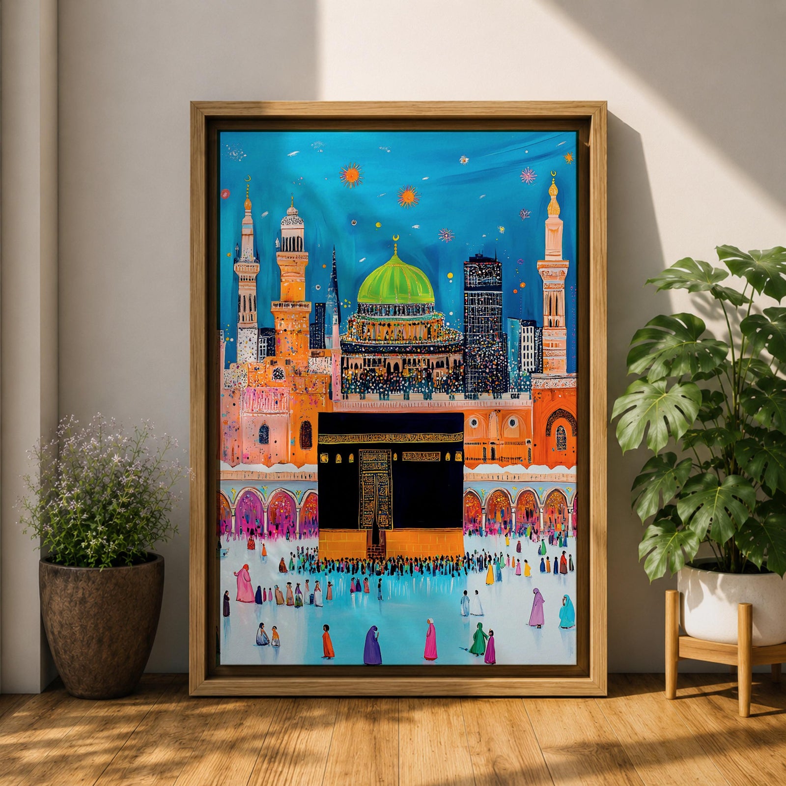 Colorful stylized illustration of the Kaaba at Masjid al-Haram in Mecca surrounded by bright mosque architecture, tall minarets, and crowds of pilgrims, with festive stars and decorative elements in a vibrant blue night sky creating a playful Islamic city scene.