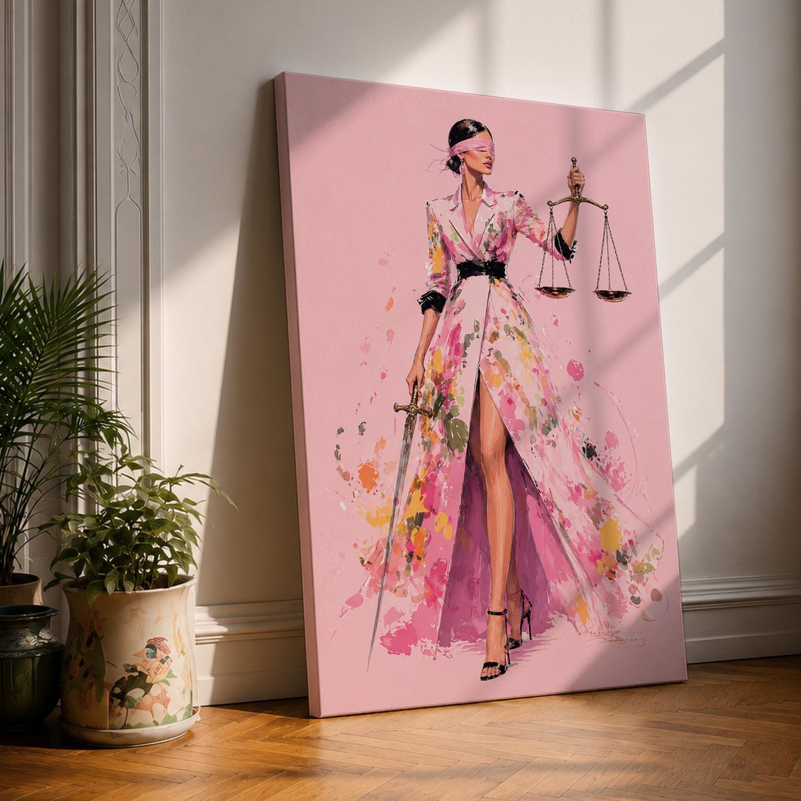 Elevate your workspace with this Lady Justice Wall Art, featuring a stylish blindfolded Lady Justice in a flowing pink floral gown holding the scales and sword. Elegant watercolor splashes, soft blush tones, and contemporary fashion illustration create the perfect statement piece for modern lawyer offices and legal professionals.