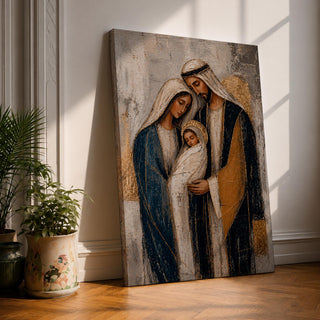 Celebrate faith and family with this Holy Family Wall Art, featuring Mary, Joseph, and the infant Jesus in a beautifully textured painterly style with elegant gold leaf-inspired accents. This timeless Catholic canvas print brings warmth, peace, and devotion to prayer rooms, home altars, churches, or living spaces.