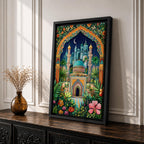 Colorful illustration of a domed Islamic mosque and minarets framed by a lush floral archway with palm trees and garden plants, set beneath a starry night sky with a crescent moon and surrounded by vibrant botanical patterns.