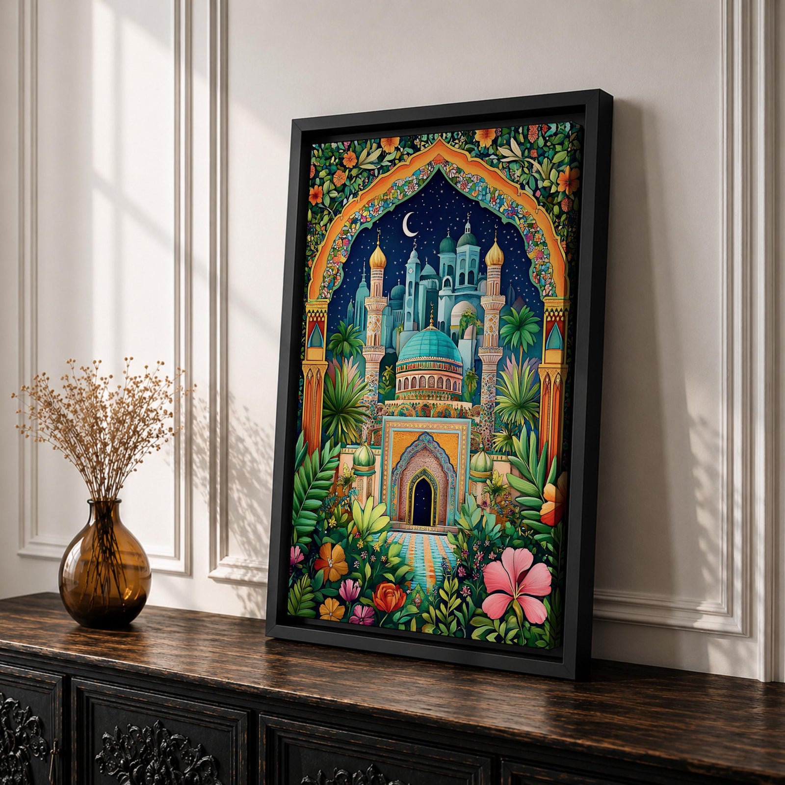 Colorful illustration of a domed Islamic mosque and minarets framed by a lush floral archway with palm trees and garden plants, set beneath a starry night sky with a crescent moon and surrounded by vibrant botanical patterns.