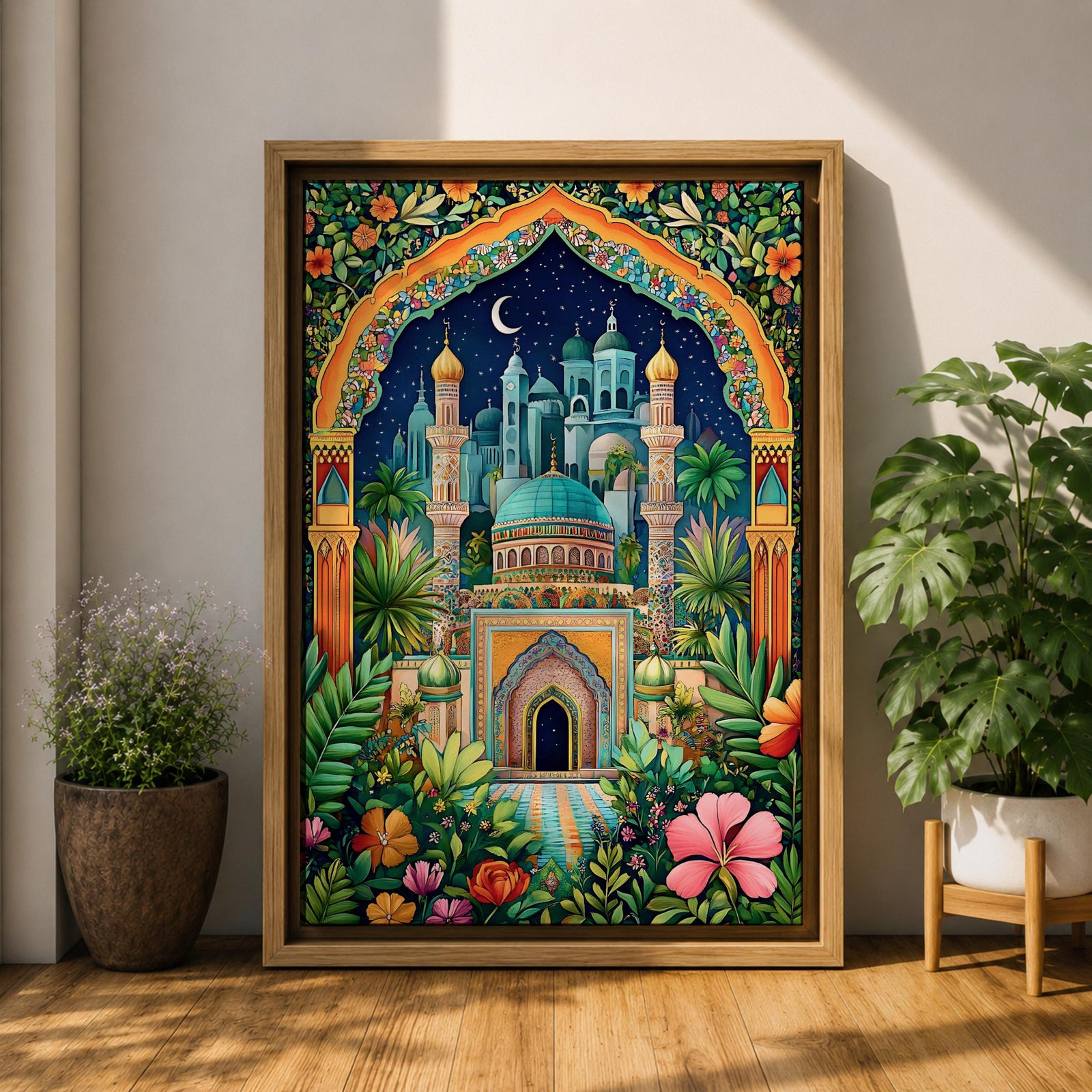 Colorful illustration of a domed Islamic mosque and minarets framed by a lush floral archway with palm trees and garden plants, set beneath a starry night sky with a crescent moon and surrounded by vibrant botanical patterns.