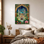 Colorful illustration of a domed Islamic mosque and minarets framed by a lush floral archway with palm trees and garden plants, set beneath a starry night sky with a crescent moon and surrounded by vibrant botanical patterns.