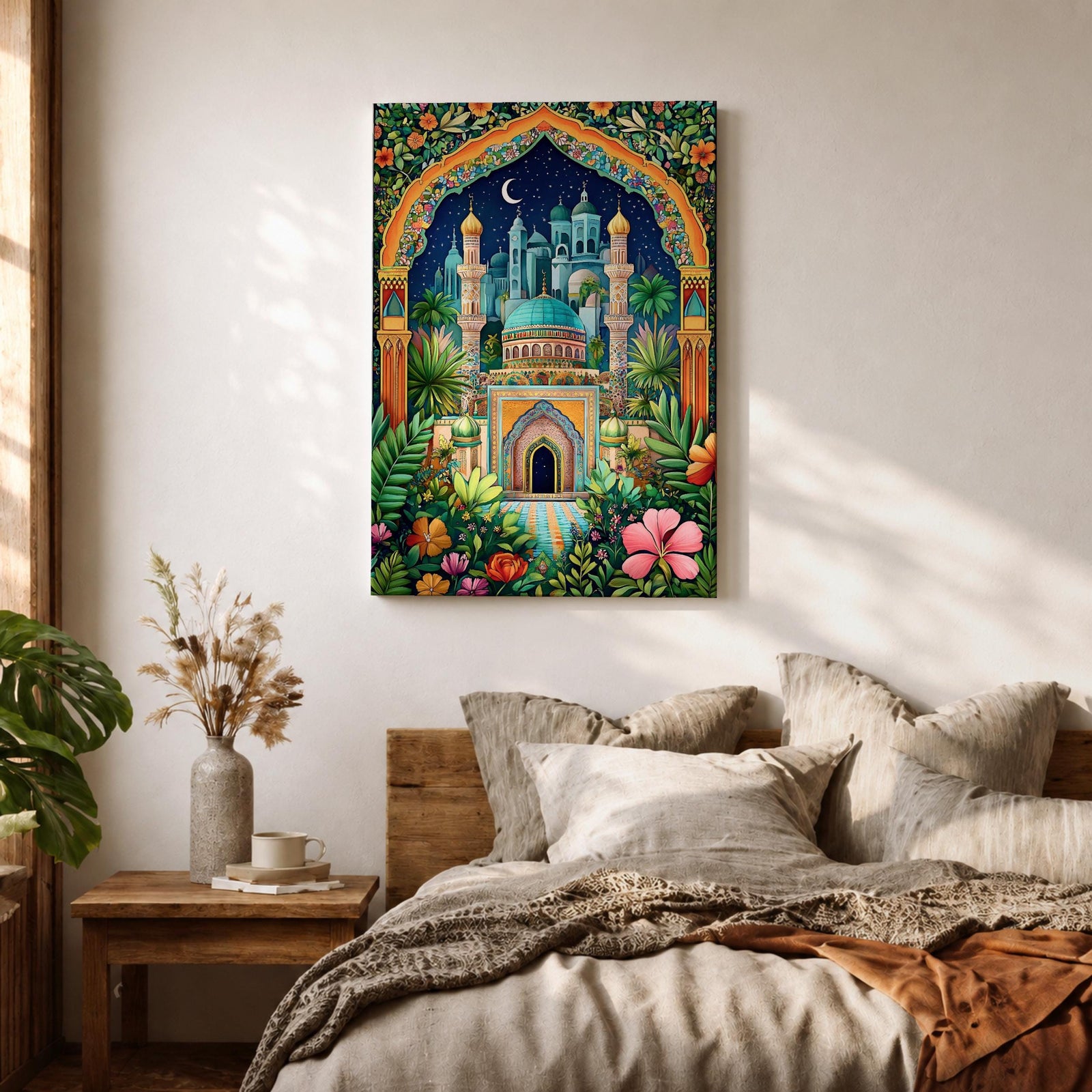Colorful illustration of a domed Islamic mosque and minarets framed by a lush floral archway with palm trees and garden plants, set beneath a starry night sky with a crescent moon and surrounded by vibrant botanical patterns.