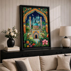 Colorful illustration of a domed Islamic mosque and minarets framed by a lush floral archway with palm trees and garden plants, set beneath a starry night sky with a crescent moon and surrounded by vibrant botanical patterns.