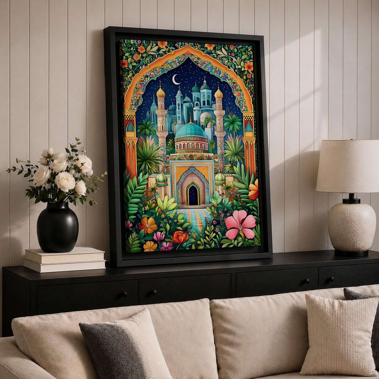 Colorful illustration of a domed Islamic mosque and minarets framed by a lush floral archway with palm trees and garden plants, set beneath a starry night sky with a crescent moon and surrounded by vibrant botanical patterns.