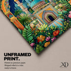 Colorful illustration of a domed Islamic mosque and minarets framed by a lush floral archway with palm trees and garden plants, set beneath a starry night sky with a crescent moon and surrounded by vibrant botanical patterns.