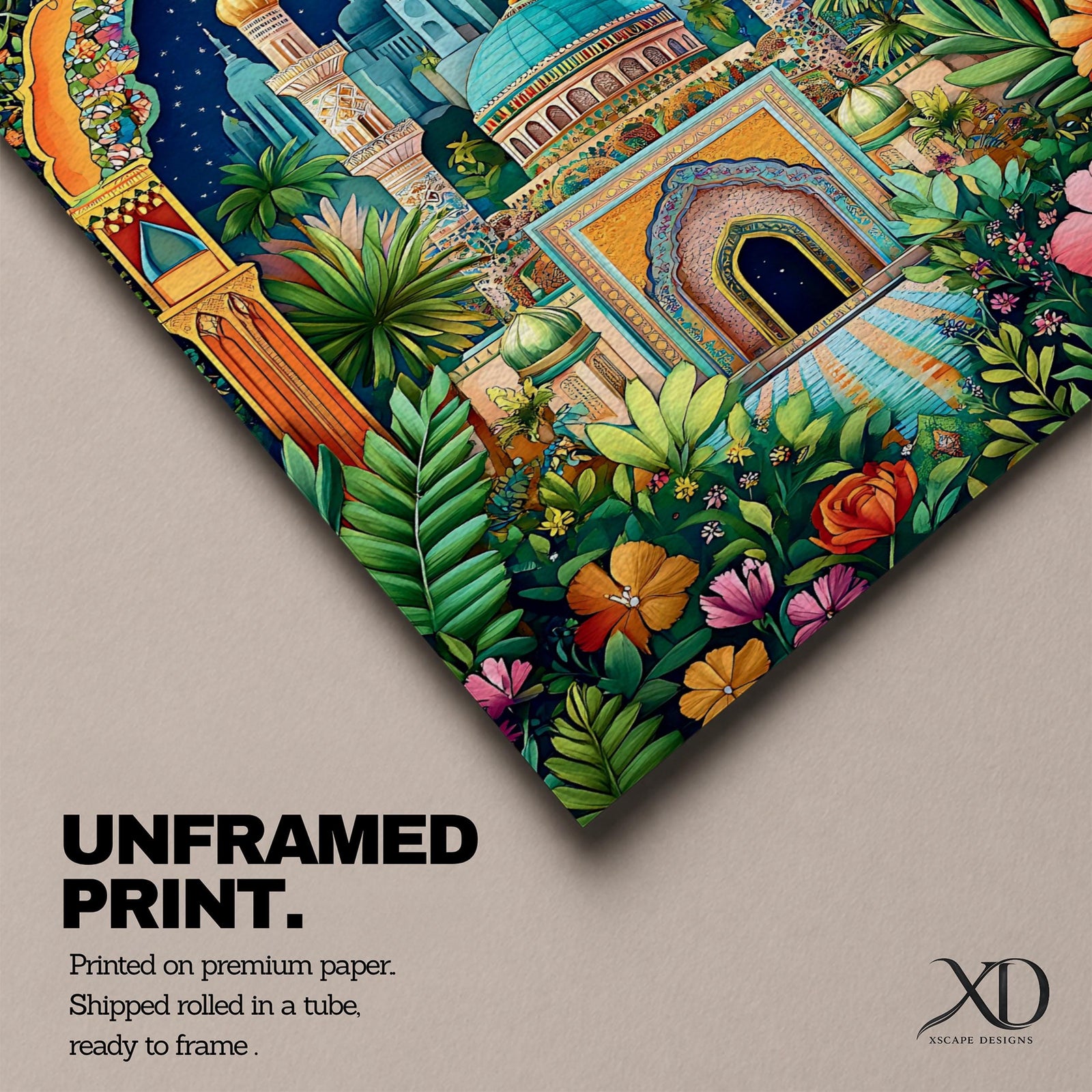 Colorful illustration of a domed Islamic mosque and minarets framed by a lush floral archway with palm trees and garden plants, set beneath a starry night sky with a crescent moon and surrounded by vibrant botanical patterns.