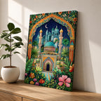 Colorful illustration of a domed Islamic mosque and minarets framed by a lush floral archway with palm trees and garden plants, set beneath a starry night sky with a crescent moon and surrounded by vibrant botanical patterns.