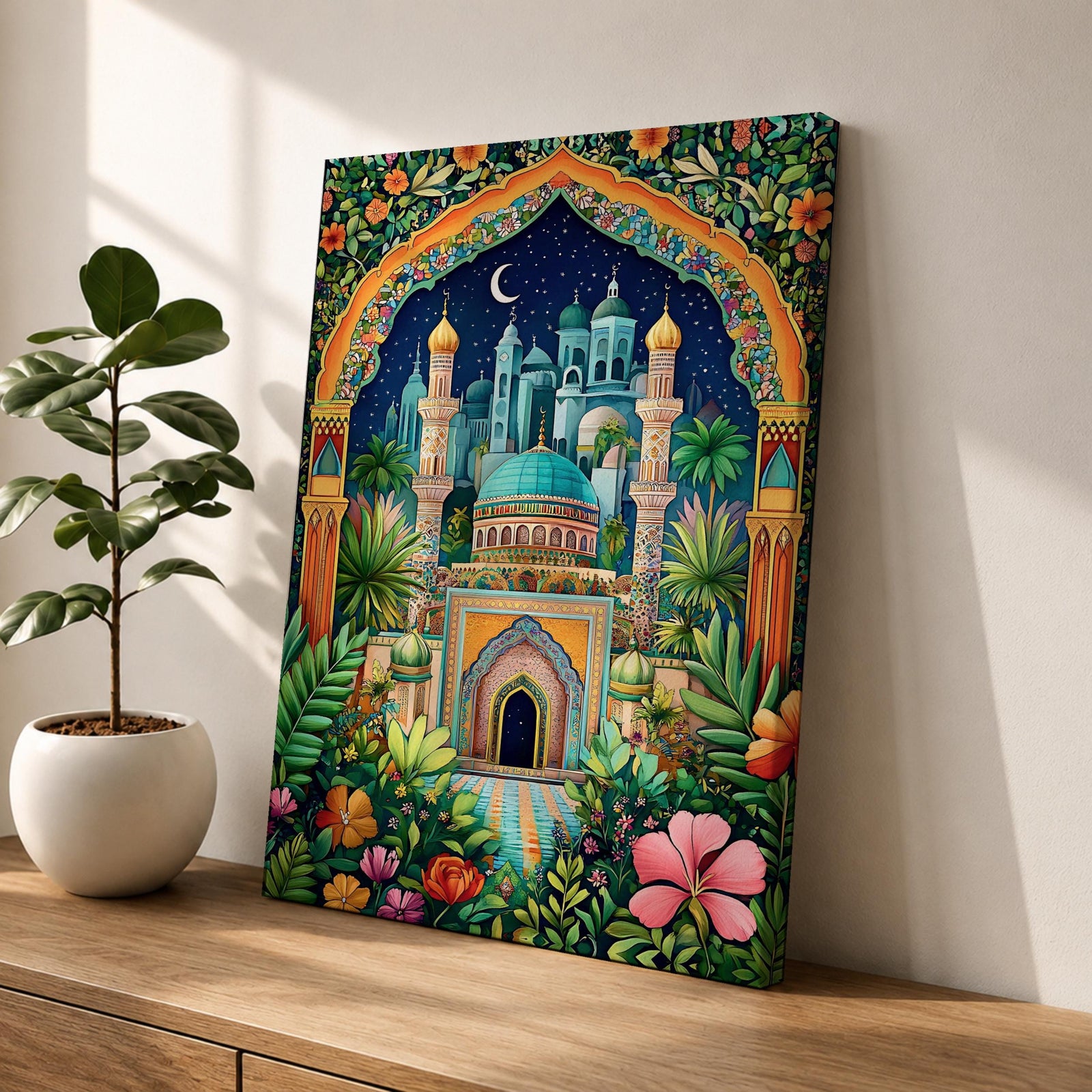 Colorful illustration of a domed Islamic mosque and minarets framed by a lush floral archway with palm trees and garden plants, set beneath a starry night sky with a crescent moon and surrounded by vibrant botanical patterns.