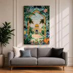 Colorful illustration of Al Aqsa Mosque complex featuring a golden dome shrine framed by a lush floral archway with palm trees, tropical leaves, and vibrant flowers surrounding a decorative courtyard leading to the mosque entrance.