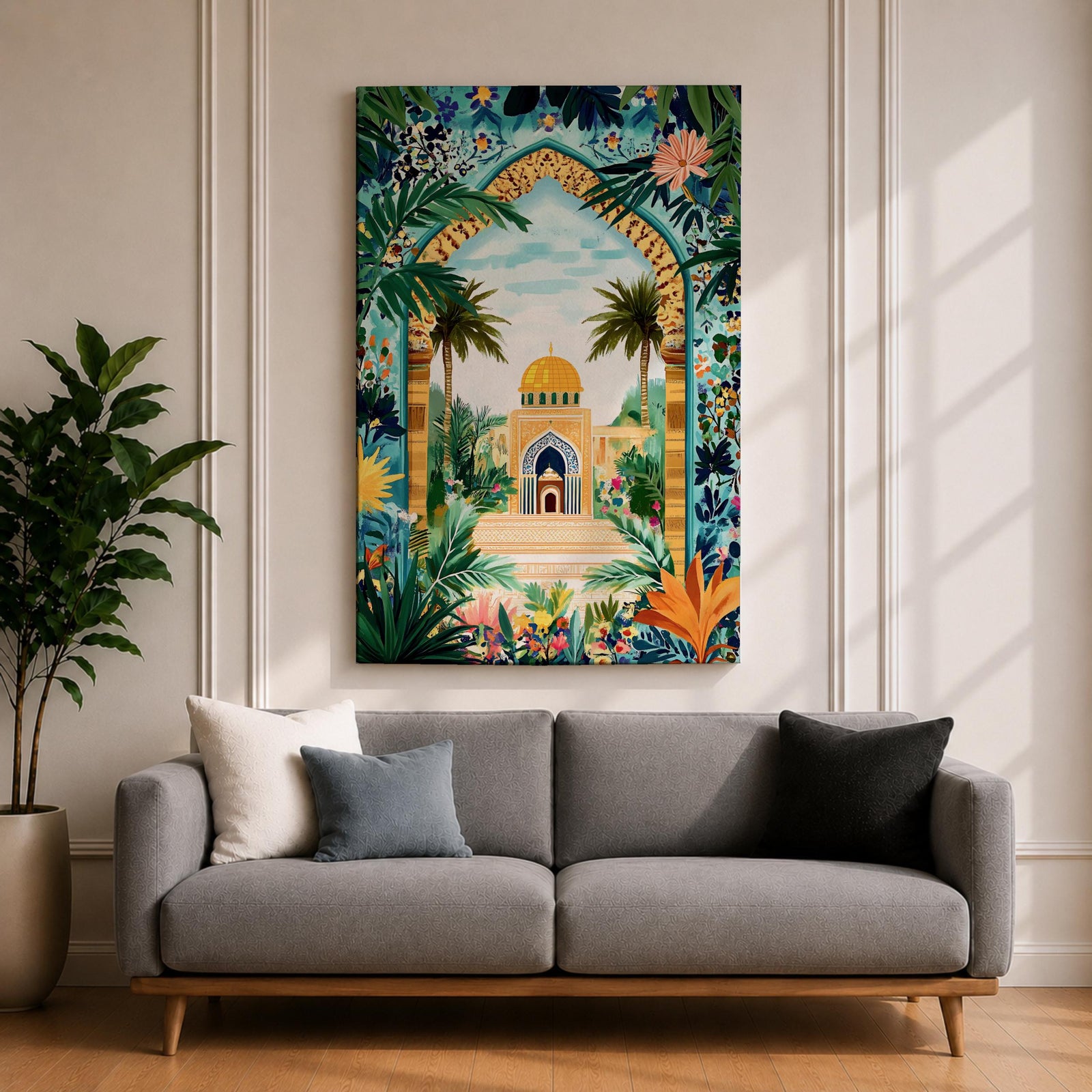 Colorful illustration of Al Aqsa Mosque complex featuring a golden dome shrine framed by a lush floral archway with palm trees, tropical leaves, and vibrant flowers surrounding a decorative courtyard leading to the mosque entrance.