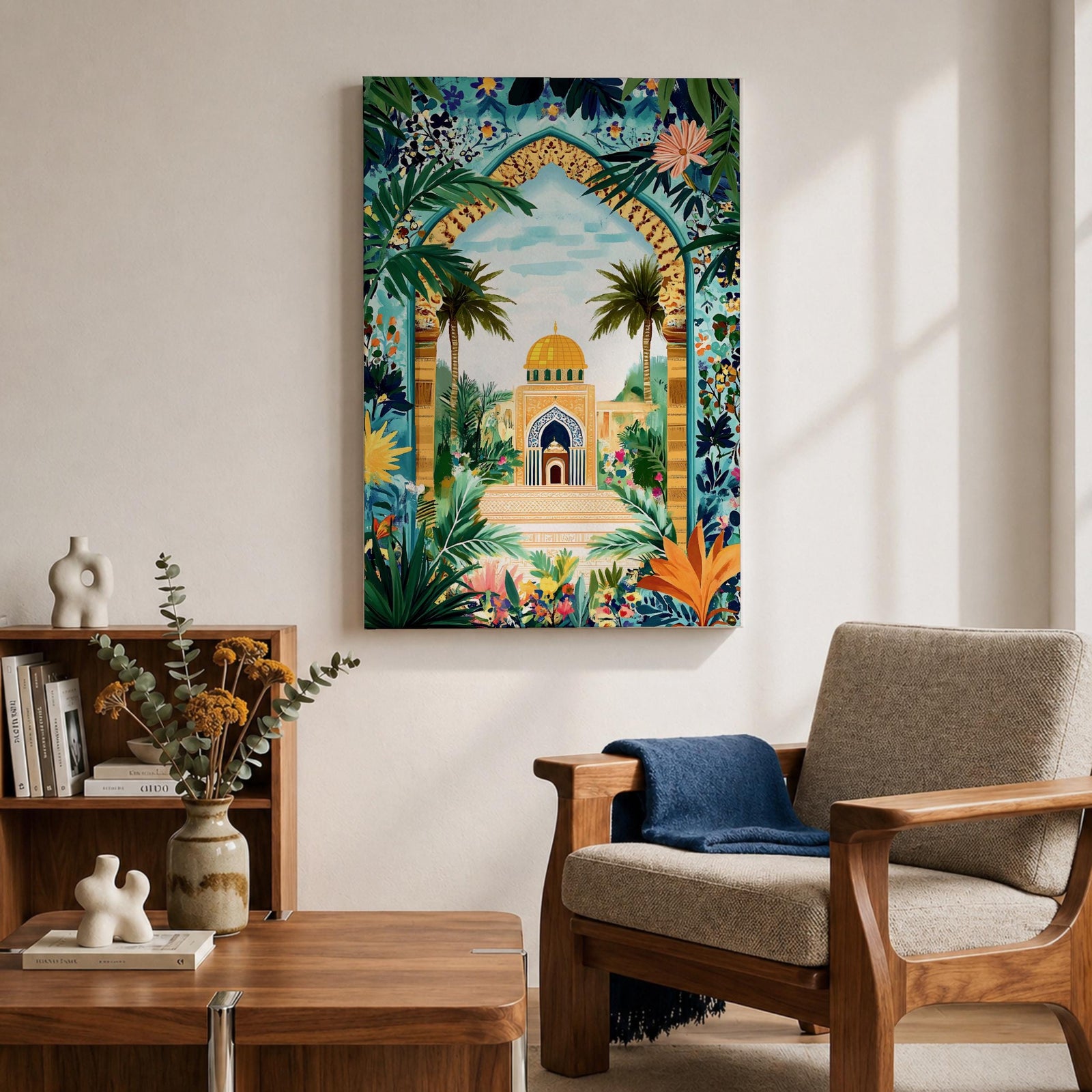 Colorful illustration of Al Aqsa Mosque complex featuring a golden dome shrine framed by a lush floral archway with palm trees, tropical leaves, and vibrant flowers surrounding a decorative courtyard leading to the mosque entrance.