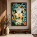 Colorful illustration of Al Aqsa Mosque complex featuring a golden dome shrine framed by a lush floral archway with palm trees, tropical leaves, and vibrant flowers surrounding a decorative courtyard leading to the mosque entrance.