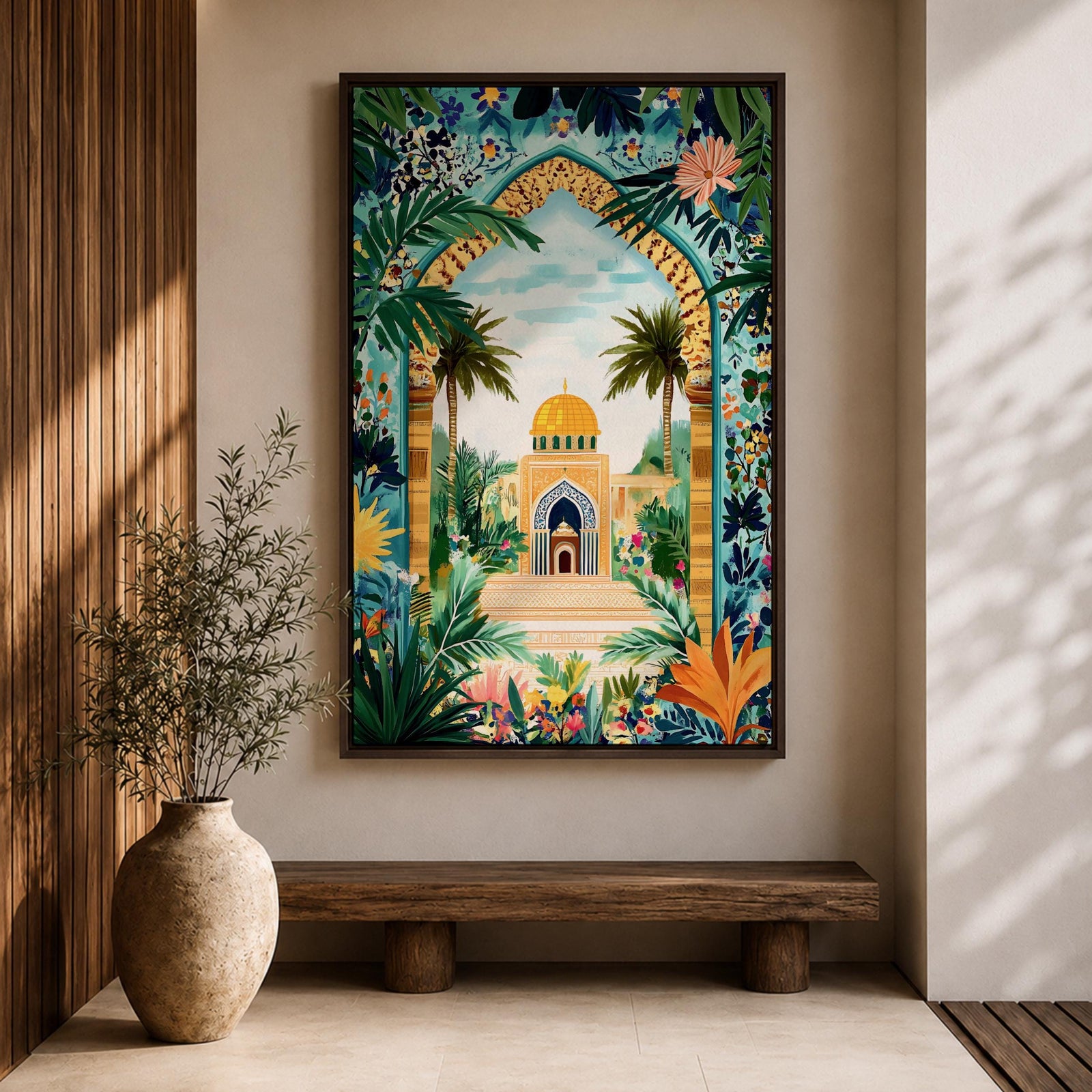 Colorful illustration of Al Aqsa Mosque complex featuring a golden dome shrine framed by a lush floral archway with palm trees, tropical leaves, and vibrant flowers surrounding a decorative courtyard leading to the mosque entrance.