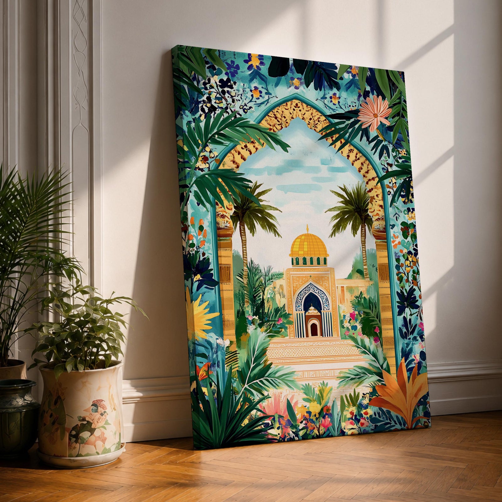 Colorful illustration of Al Aqsa Mosque complex featuring a golden dome shrine framed by a lush floral archway with palm trees, tropical leaves, and vibrant flowers surrounding a decorative courtyard leading to the mosque entrance.