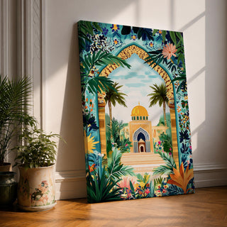 Colorful illustration of Al Aqsa Mosque complex featuring a golden dome shrine framed by a lush floral archway with palm trees, tropical leaves, and vibrant flowers surrounding a decorative courtyard leading to the mosque entrance.