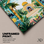 Colorful illustration of Al Aqsa Mosque complex featuring a golden dome shrine framed by a lush floral archway with palm trees, tropical leaves, and vibrant flowers surrounding a decorative courtyard leading to the mosque entrance.